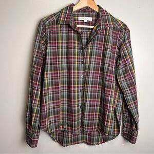 LOFT Women's Pink/Green/Yellow Plaid Button-Up Shirt Size XS EUC
